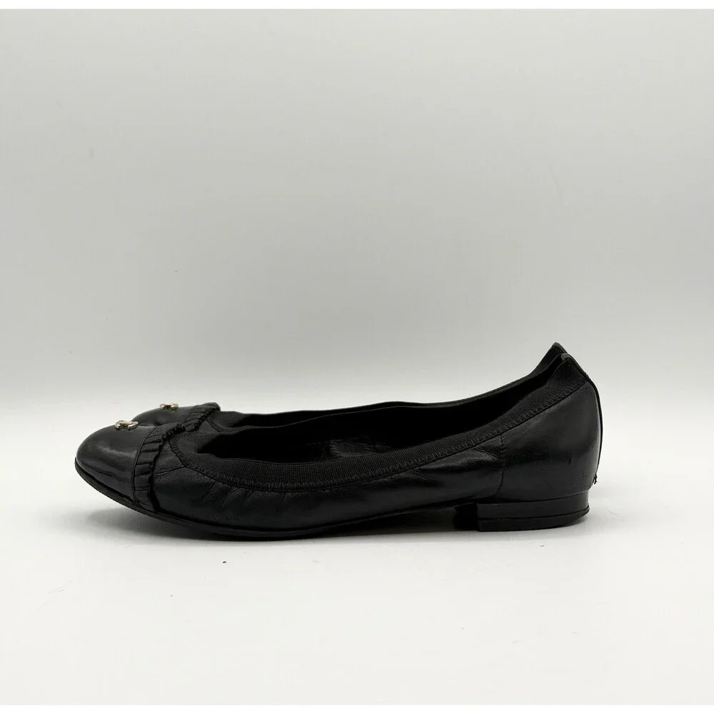 Chanel Black Ballet Flats Patent Leather Cap Toe CC Logo Ruffle Accent EU 35.5 - Picture 4 of 13